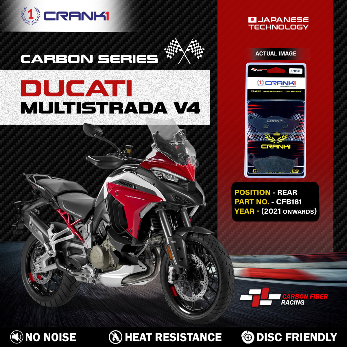 Crank1 Carbon Brake Pads For Ducati Multistrada 1200 V4 (2021 Onwards) - Rear - CFB181