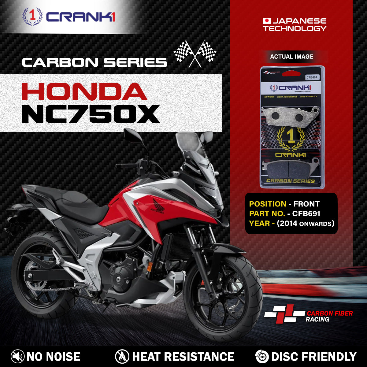 Crank1 Carbon Brake Pads For Honda NC750X (2014 Onwards) - Front - CFB691