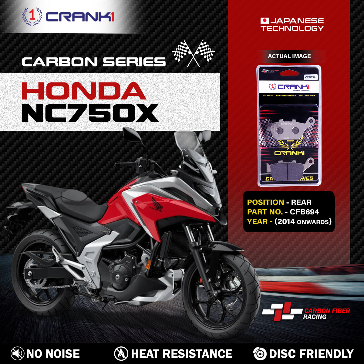 Crank1 Carbon Brake Pads For Honda NC750X (2014 Onwards) - Rear - CFB694