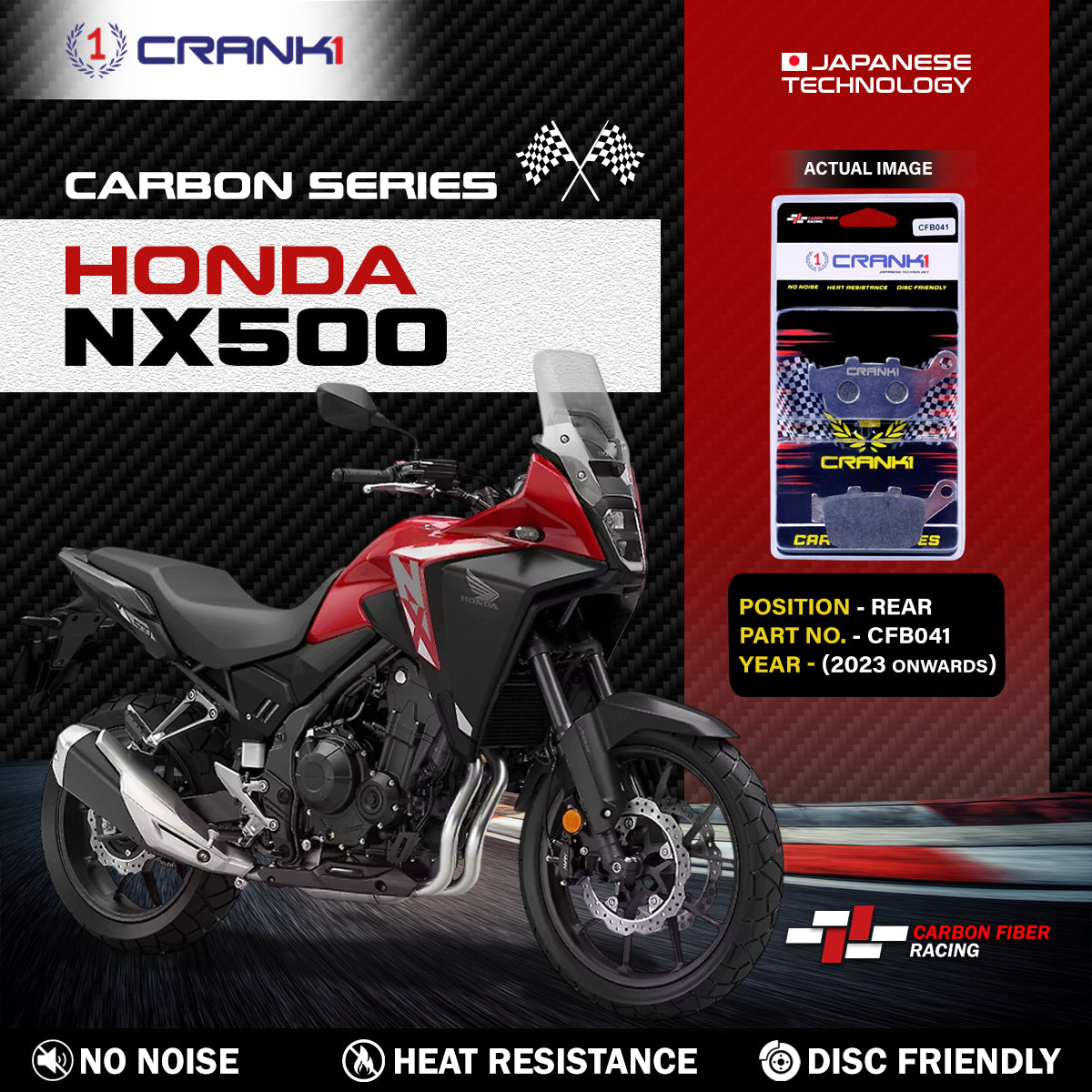Crank1 Carbon Brake Pads For Honda NX500 (2023 Onwards) - Rear - CFB041