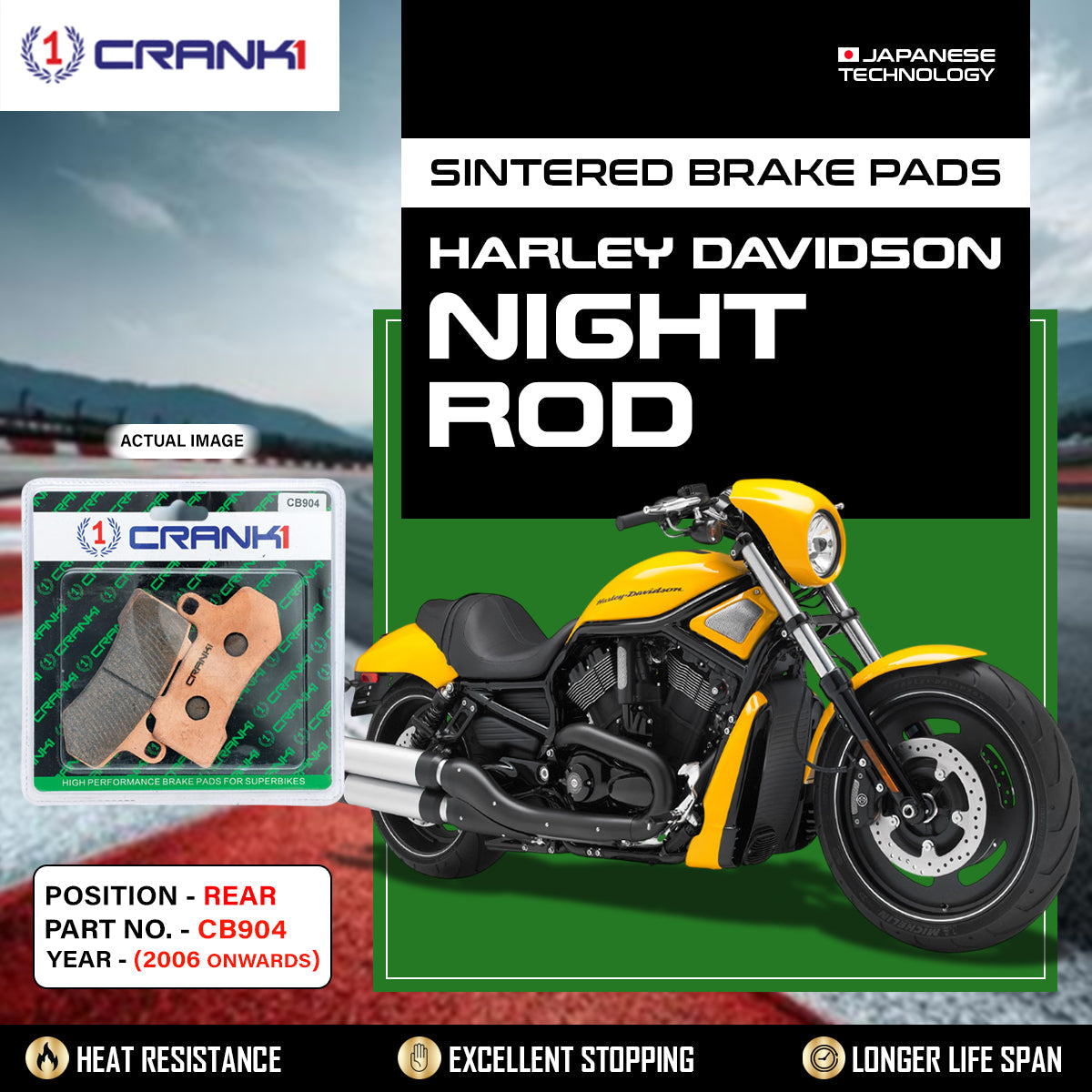 Crank1 Sintered Brake Pads For Harley Davidson Night Rod (2006 Onwards) - Rear - CB904