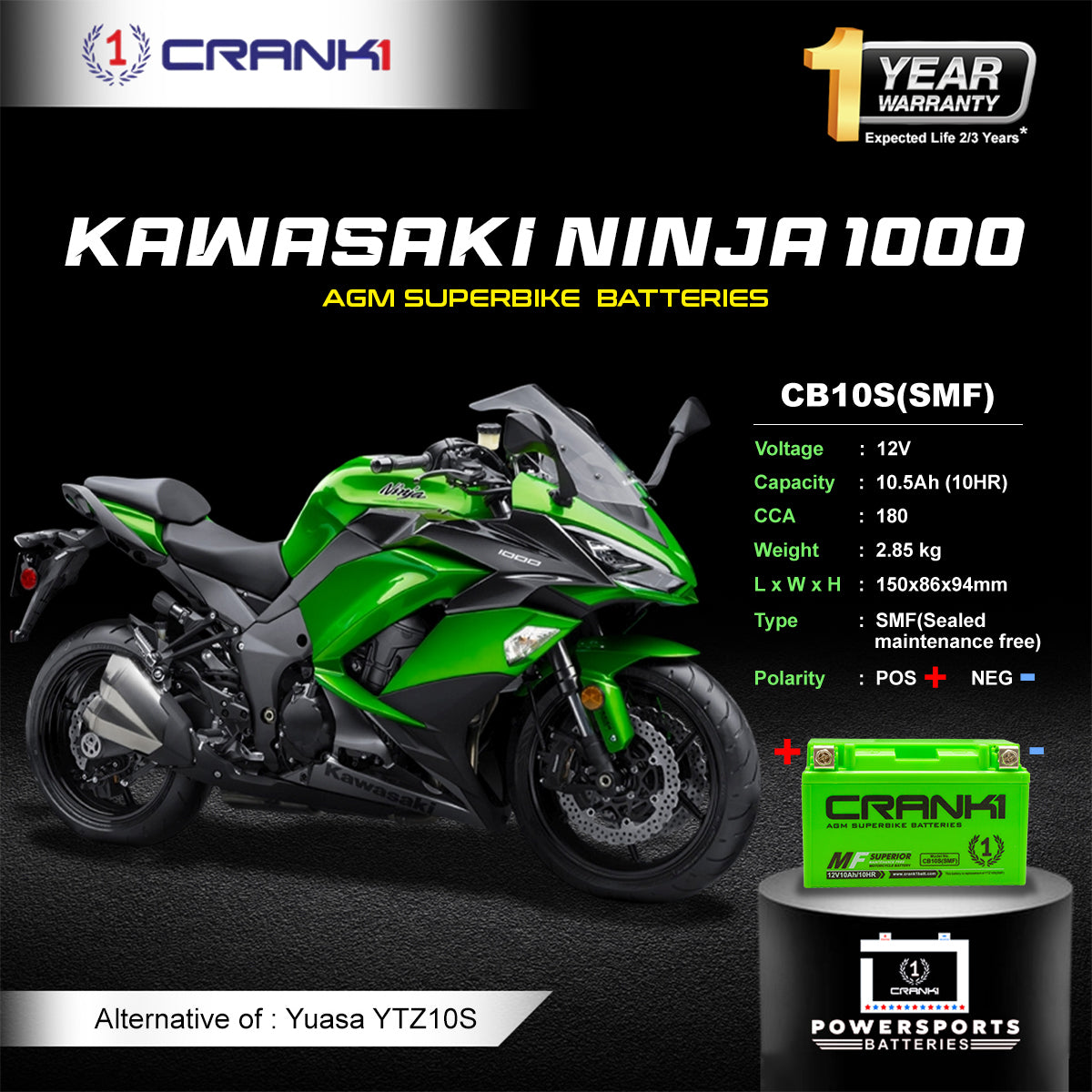Crank1 Battery For Kawasaki Ninja 1000 (2010-2025) - CB10S - Factory Activated