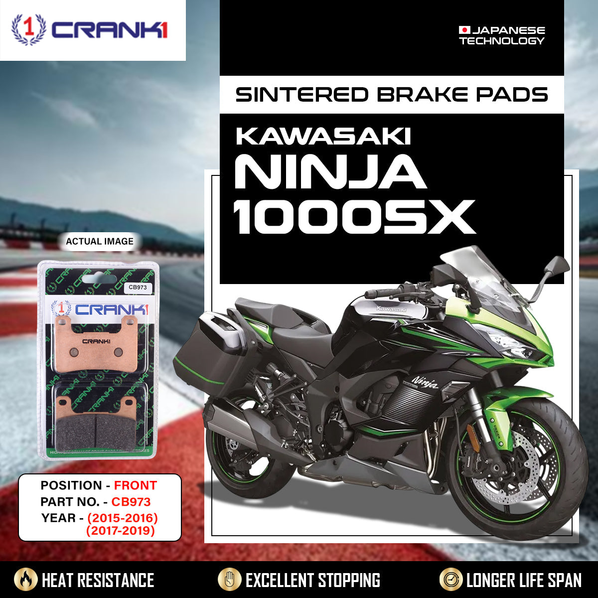 Crank1 Sintered Brake Pads For Kawasaki Ninja 1000SX (2015-2016) (2017-2019) - Front - CB973 - 2 Sets