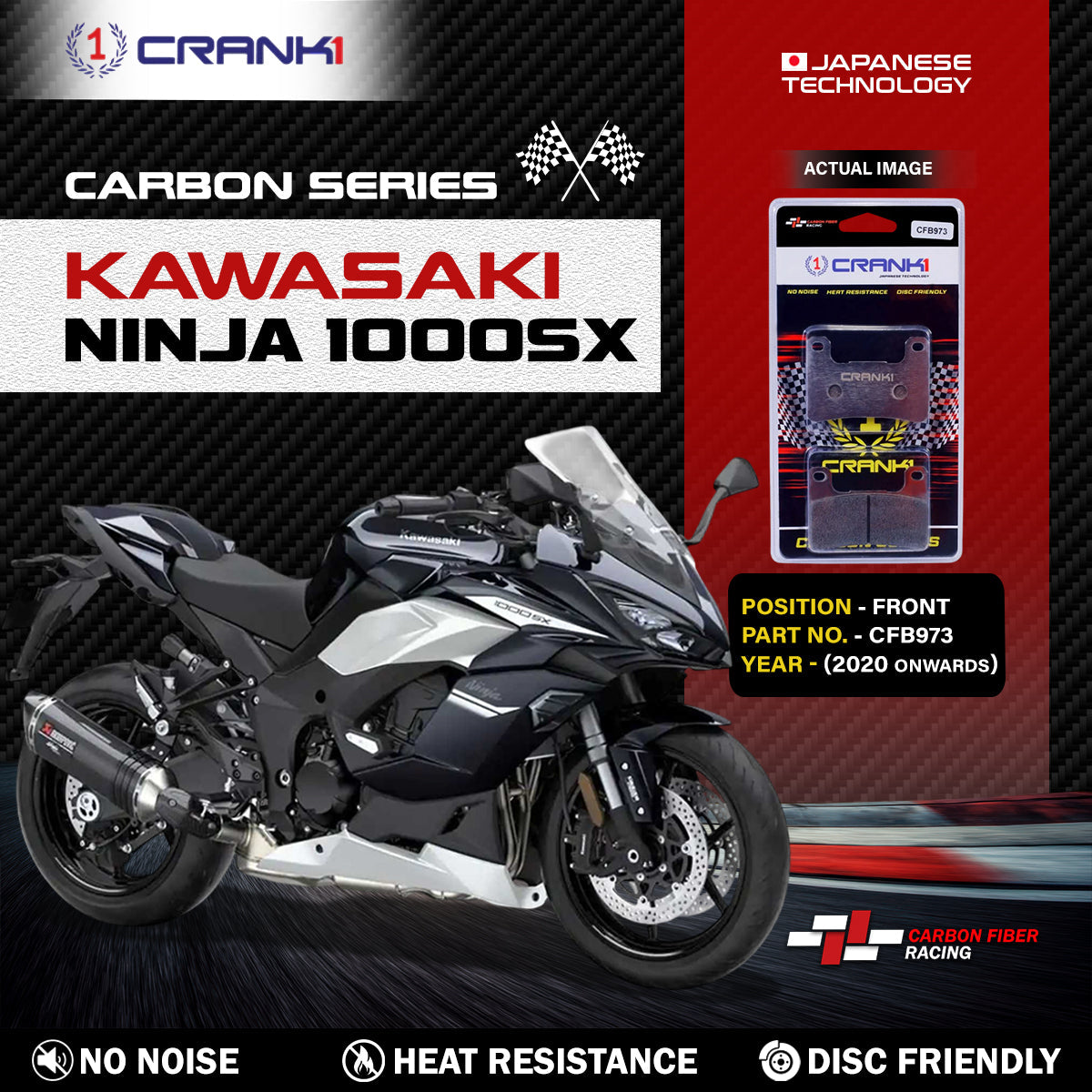 Crank1 Carbon Brake Pads For Kawasaki Ninja 1000SX (2020 Onwards) - Front - CFB973 - 2 Sets