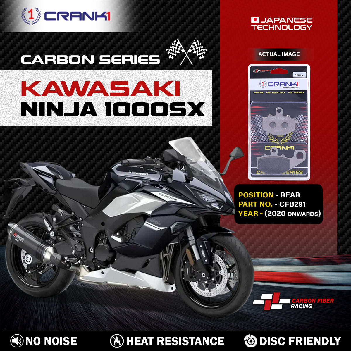 Crank1 Carbon Brake Pads For Kawasaki Ninja 1000SX (2020 Onwards) - Rear - CFB291