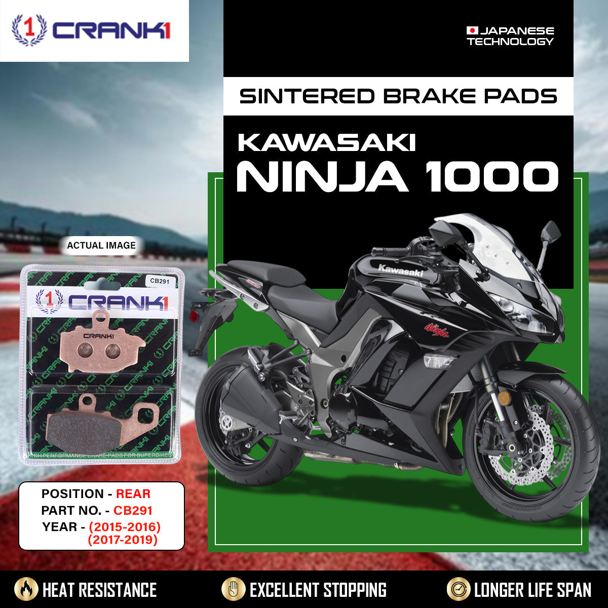 Crank1 Sintered Brake Pads For Kawasaki Ninja 1000 (2015-2016) (2017-2019) - Rear - CB291