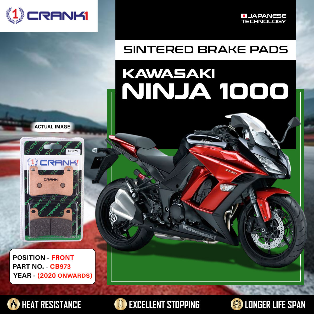 Crank1 Sintered Brake Pads For Kawasaki Ninja 1000 (2020 Onwards) - Front - CB973 - 2 Sets