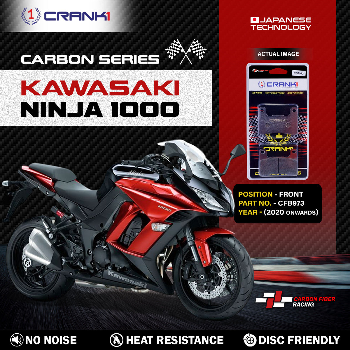 Crank1 Carbon Brake Pads For Kawasaki Ninja 1000 (2020 Onwards) - Front - CFB973 - 2 Sets