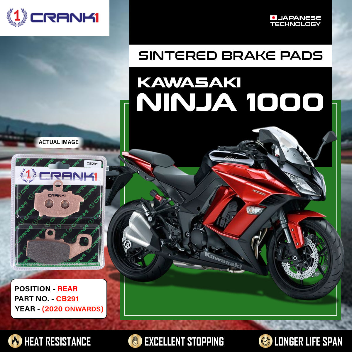 Crank1 Sintered Brake Pads For Kawasaki Ninja 1000 (2020 Onwards) - Rear - CB291