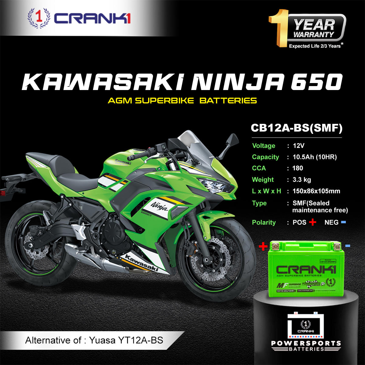 Crank1 Battery For Kawasaki Ninja 650 (2012-2025) - CB12A-BS - Factory Activated