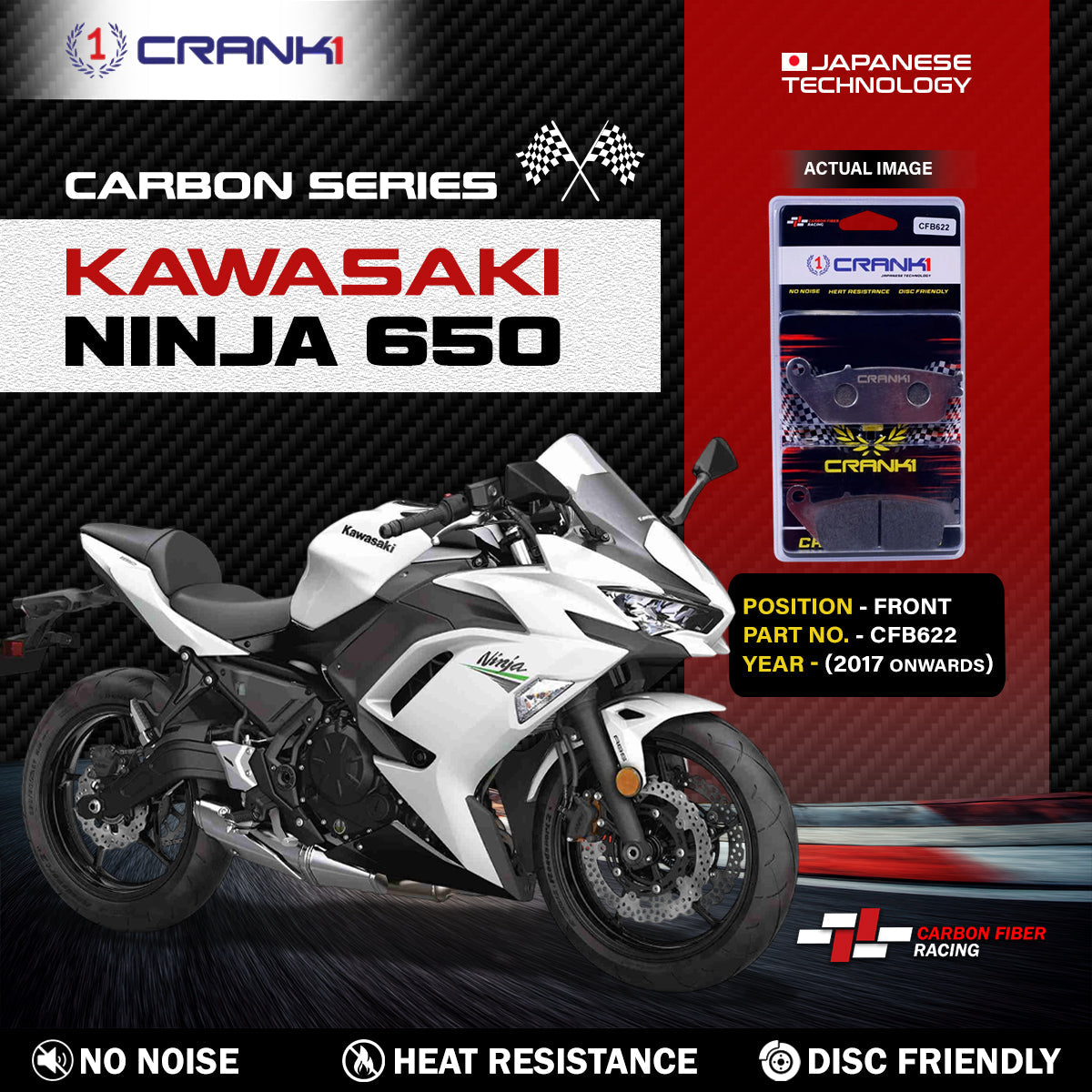 Crank1 Carbon Brake Pads For Kawasaki Ninja 650 (2017 Onwards) - Front - CFB622 - 2 Sets