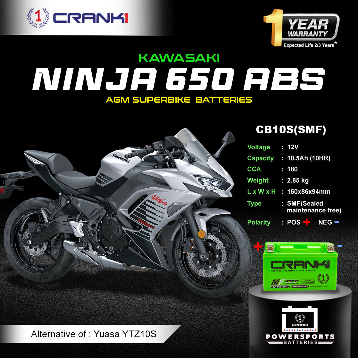 Crank1 Battery For Kawasaki Ninja 650 ABS (2017-2025) - CB10S - Factory Activated