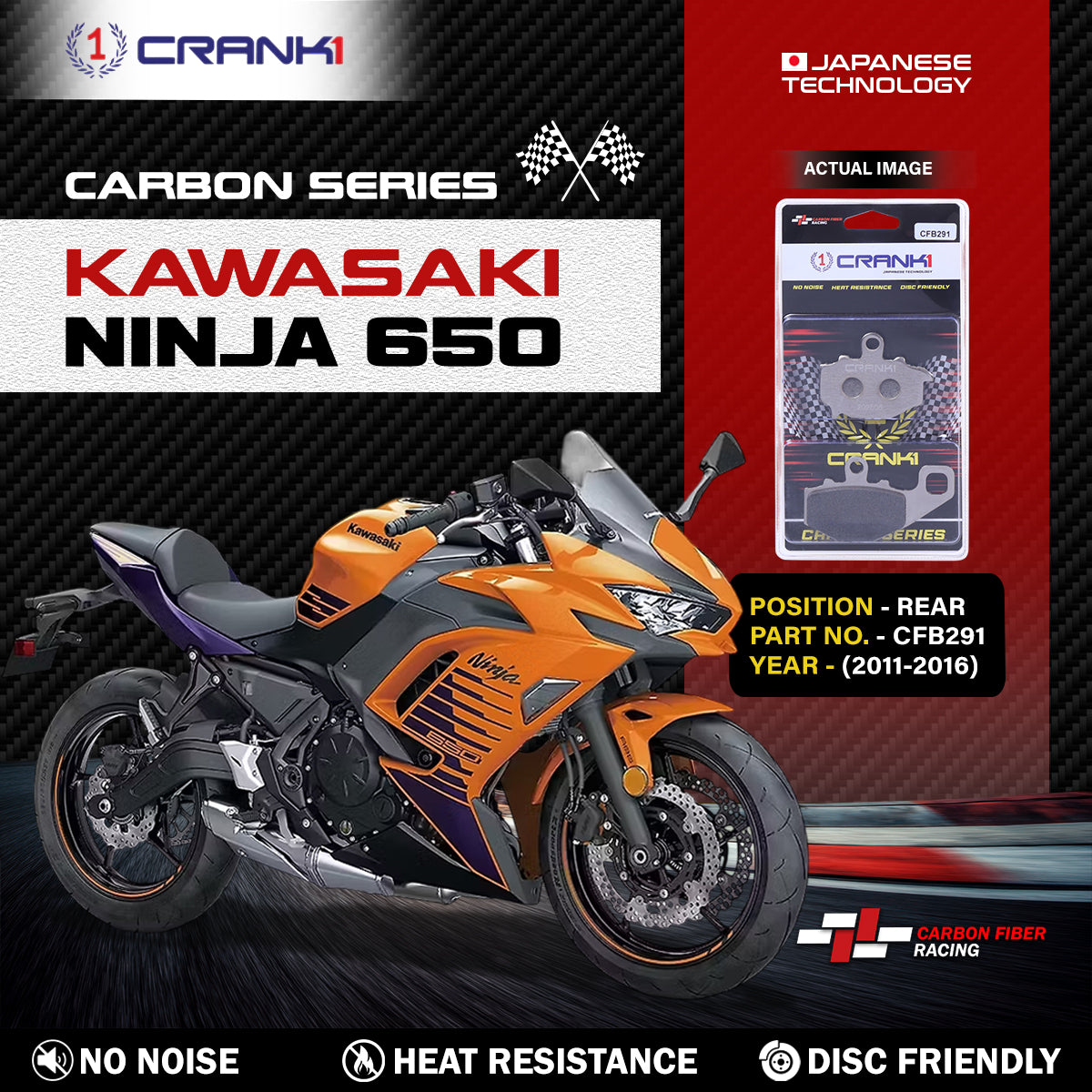 Crank1 Carbon Brake Pads For Kawasaki Ninja 650 (2006-2016) - Rear - CFB291