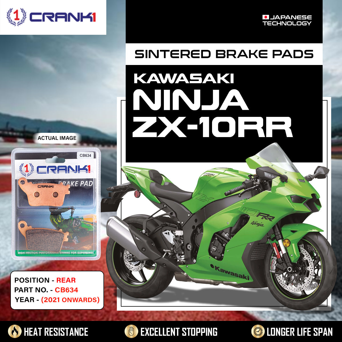 Crank1 Sintered Brake Pads For Kawasaki Ninja ZX-10RR (2021 Onwards) - Rear - CB634