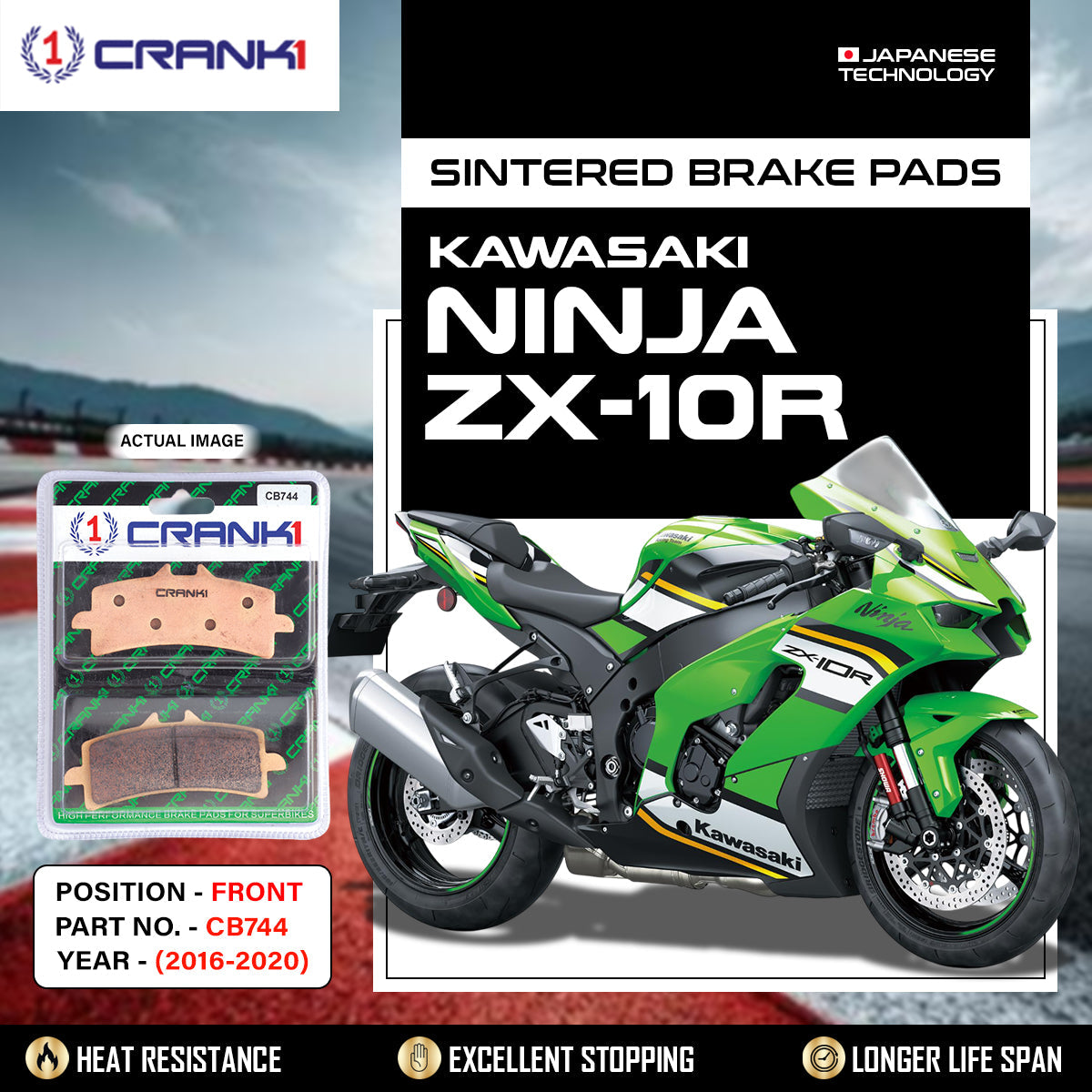 Crank1 Sintered Brake Pads For Kawasaki Ninja ZX-10R (2016-2020) - Front - CB744 - 2 Sets