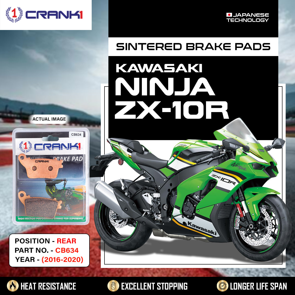 Crank1 Sintered Brake Pads For Kawasaki Ninja ZX-10R (2016-2020) - Rear - CB634