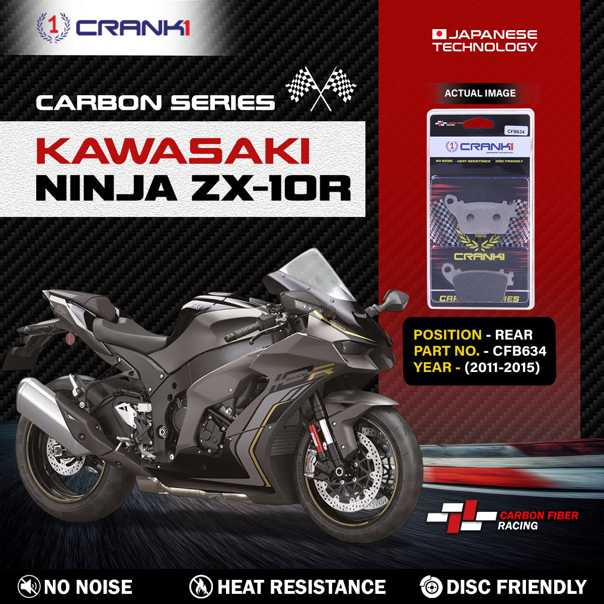 Crank1 Carbon Brake Pads For Kawasaki Ninja ZX-10R (2011-2015) - Rear - CFB634