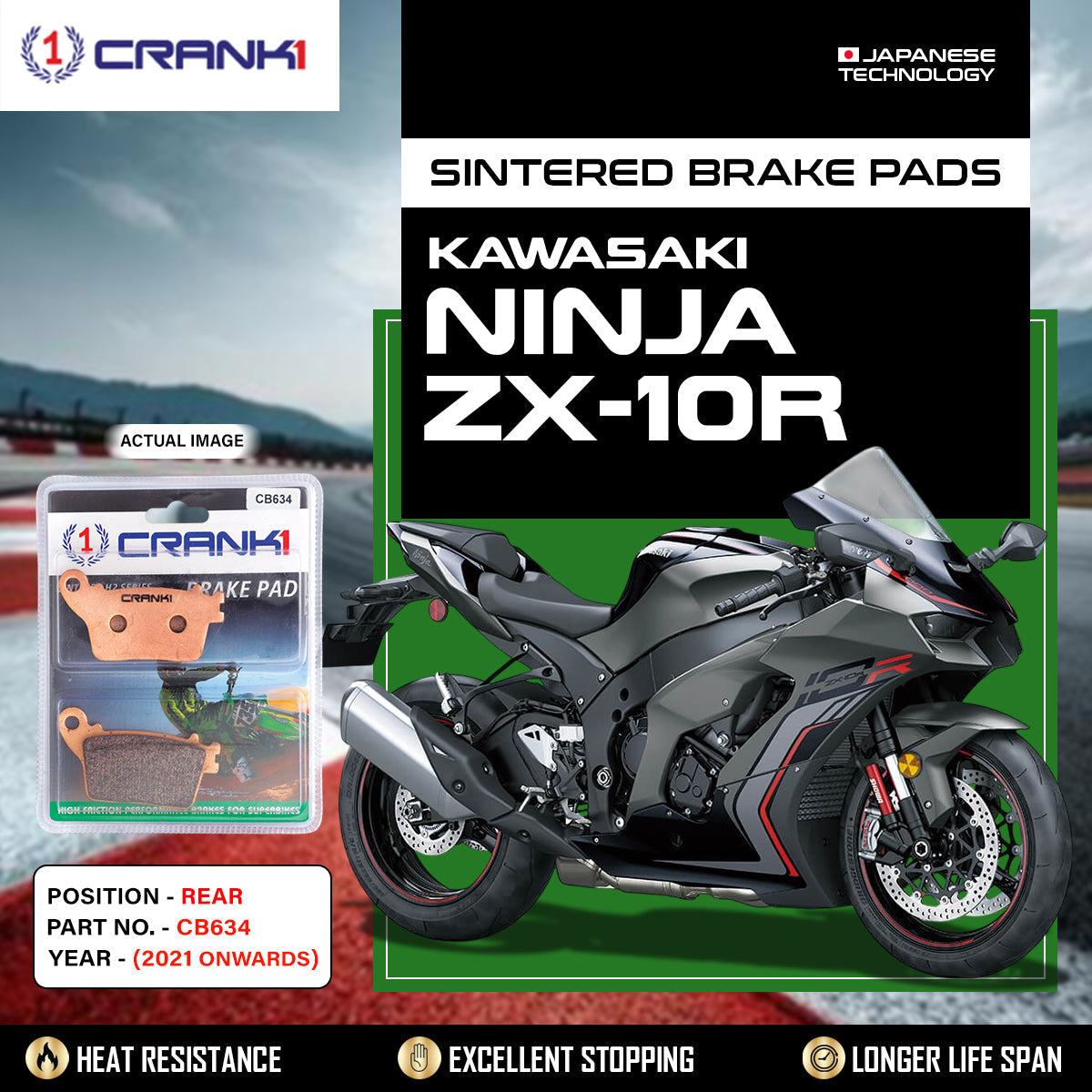 Crank1 Sintered Brake Pads For Kawasaki Ninja ZX-10R (2021 Onwards) - Rear - CB634