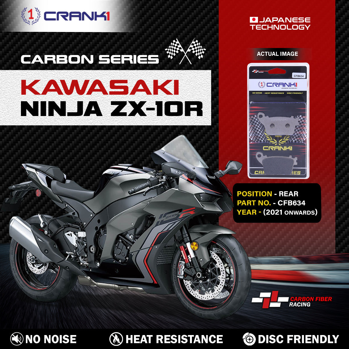 Crank1 Carbon Brake Pads For Kawasaki Ninja ZX-10R (2021 Onwards) - Rear - CFB634