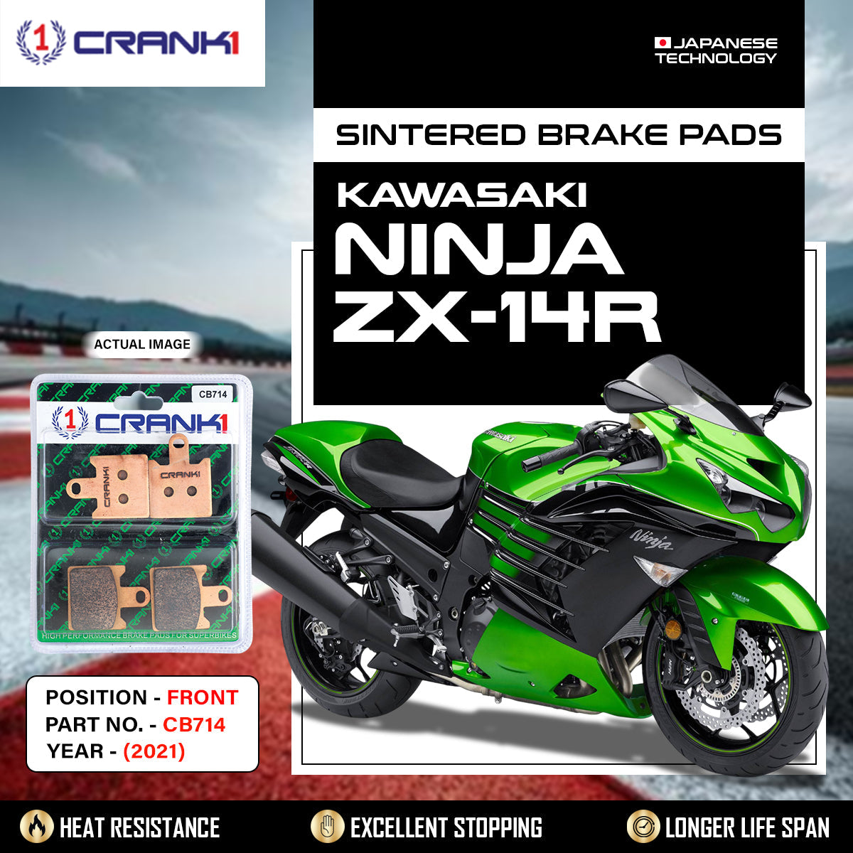 Crank1 Sintered Brake Pads For Kawasaki Ninja ZX-14R (2021) - Front - CB714 - 2 Sets