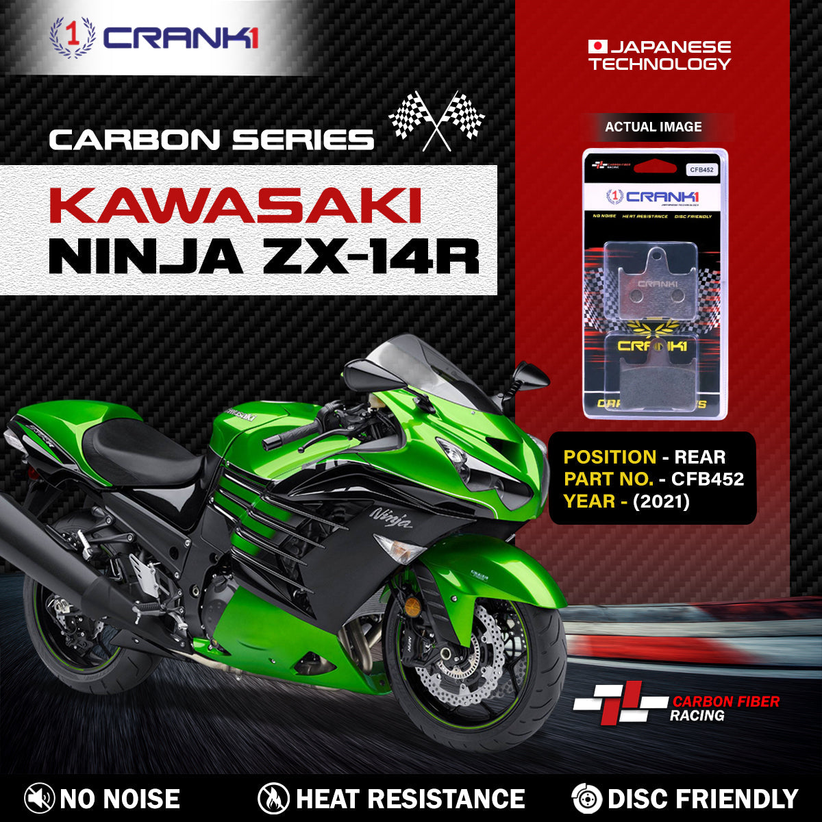 Crank1 Carbon Brake Pads For Kawasaki Ninja ZX-14R (2021) - Rear - CFB452