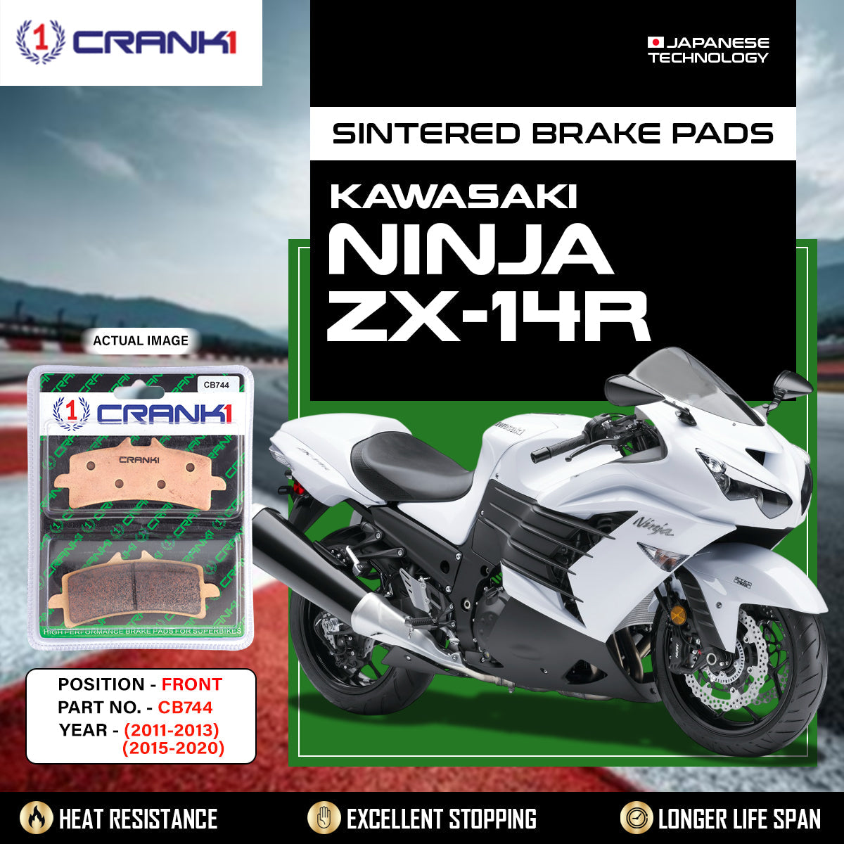 Crank1 Sintered Brake Pads For Kawasaki Ninja ZX-14R (2011-2013) (2015-2020) - Front - CB744 - 2 Sets
