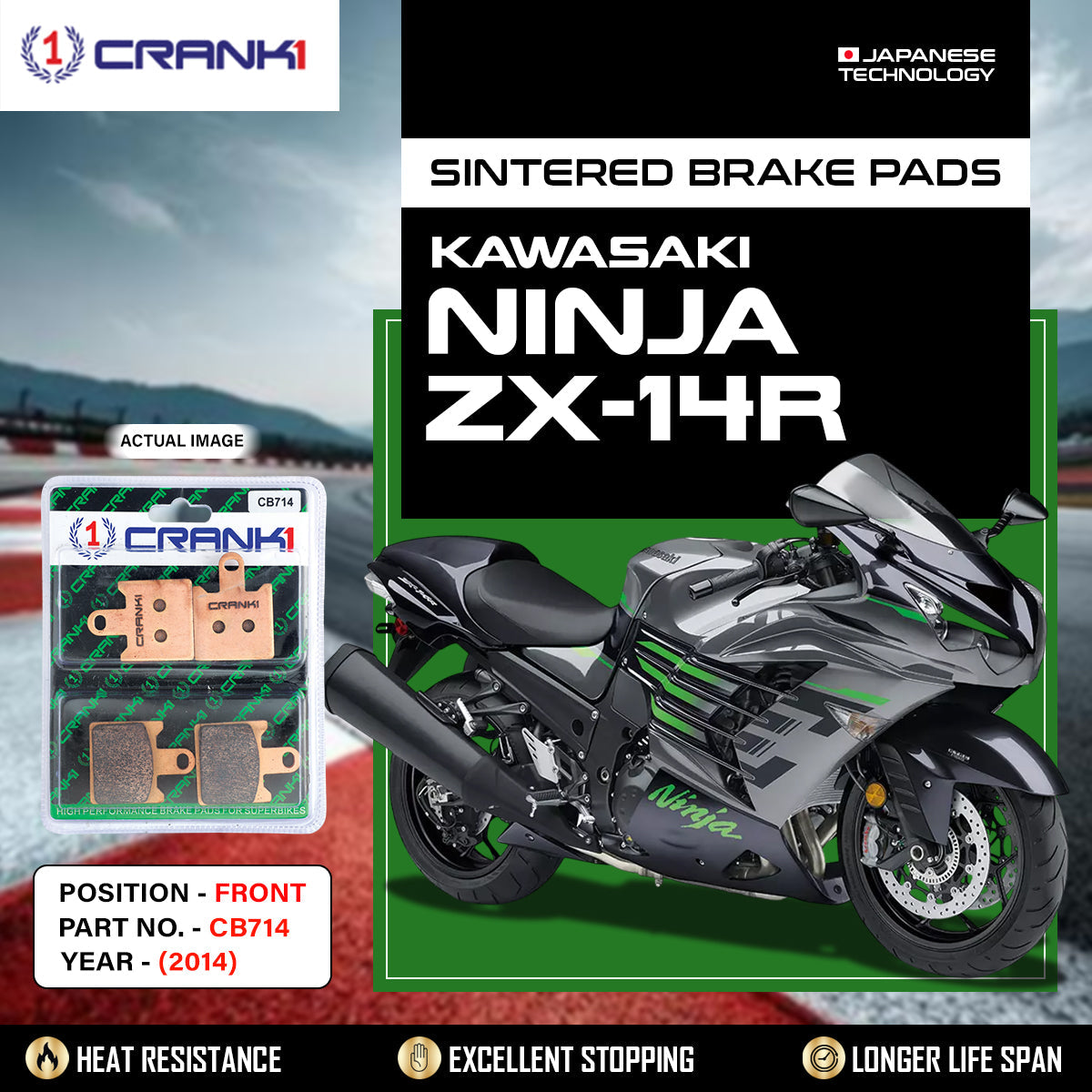Crank1 Sintered Brake Pads For Kawasaki Ninja ZX-14R (2014) - Front - CB714 - 2 Sets