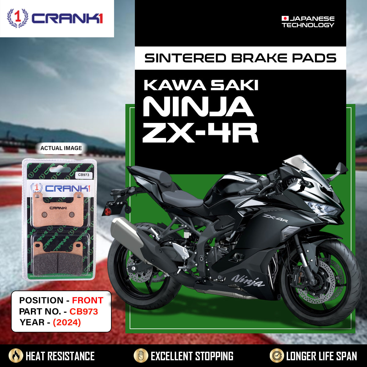 Crank1 Sintered Brake Pads For Kawasaki Ninja ZX-4R (2024) - Front - CB973 - 2 Sets