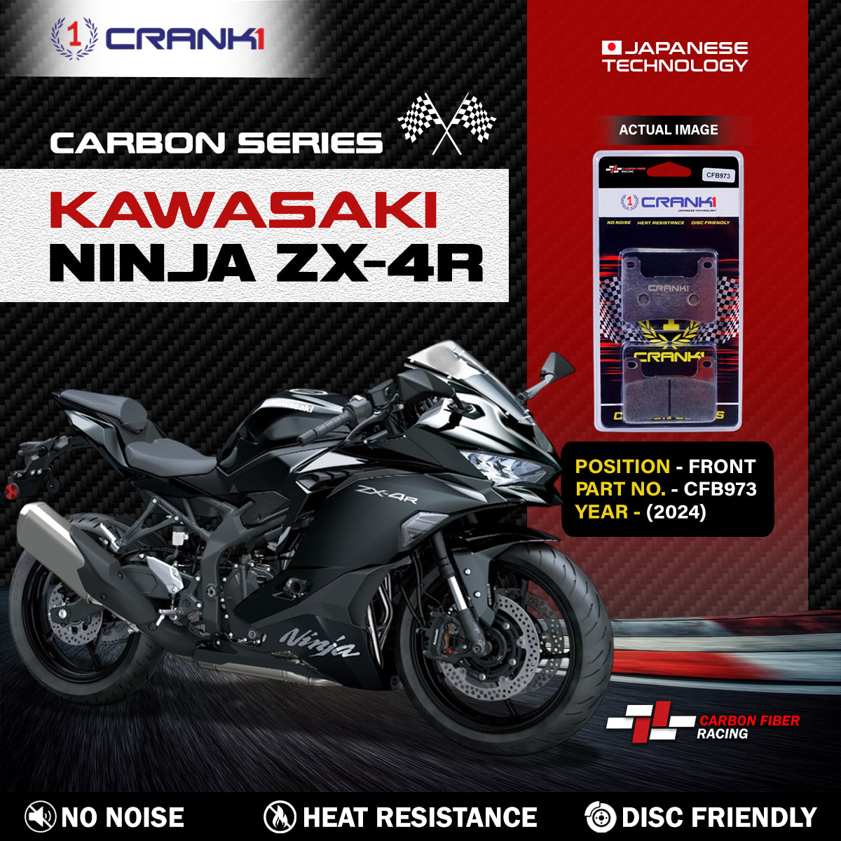 Crank1 Carbon Brake Pads For Kawasaki Ninja ZX-4R (2024) - Front - CFB973 - 2 Sets