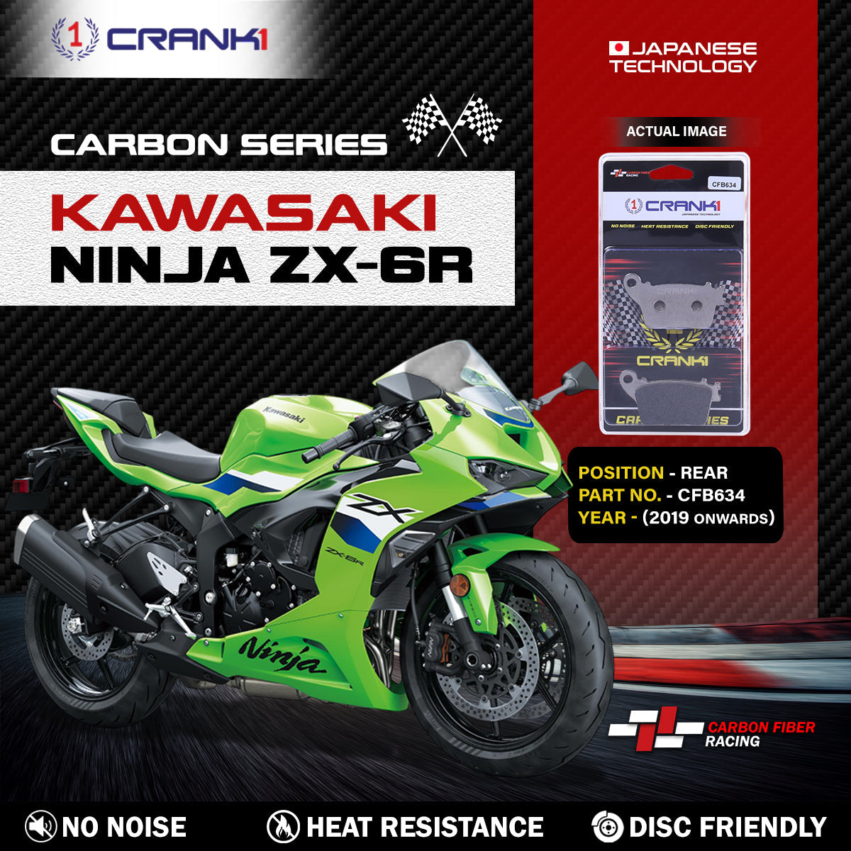 Crank1 Carbon Brake Pads For Kawasaki Ninja ZX-6R (2019 Onwards) - Rear - CFB634