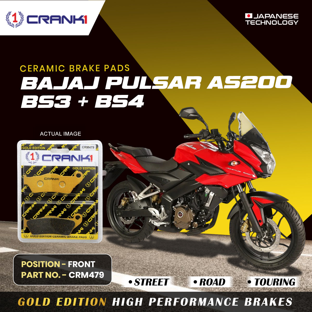 Crank1 Ceramic Brake Pads For Bajaj  Pulsar AS200 BS3 + BS4 - Front - CRM479 - 1 Set