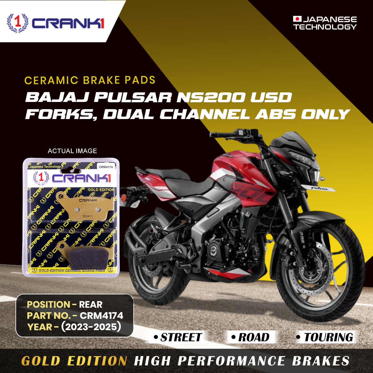 Crank1 Ceramic Brake Pads For Bajaj Pulsar NS-200 USD Forks, Dual Channel ABS Only (2023-2025) - Rear - CRM4174