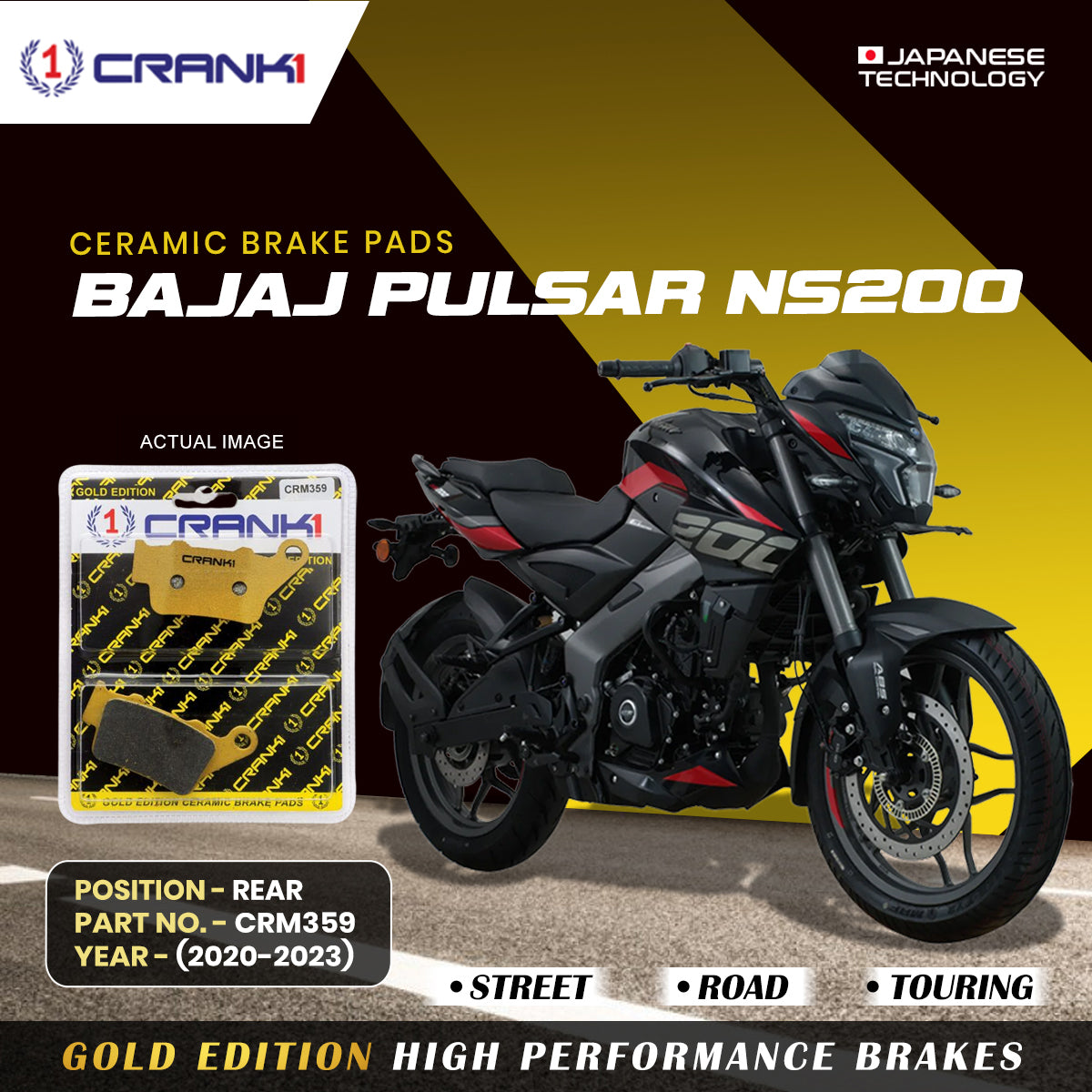 Crank1 Ceramic Brake Pads For Bajaj Pulsar NS200 (2020-2023) - Rear - CRM359 - 1 Set