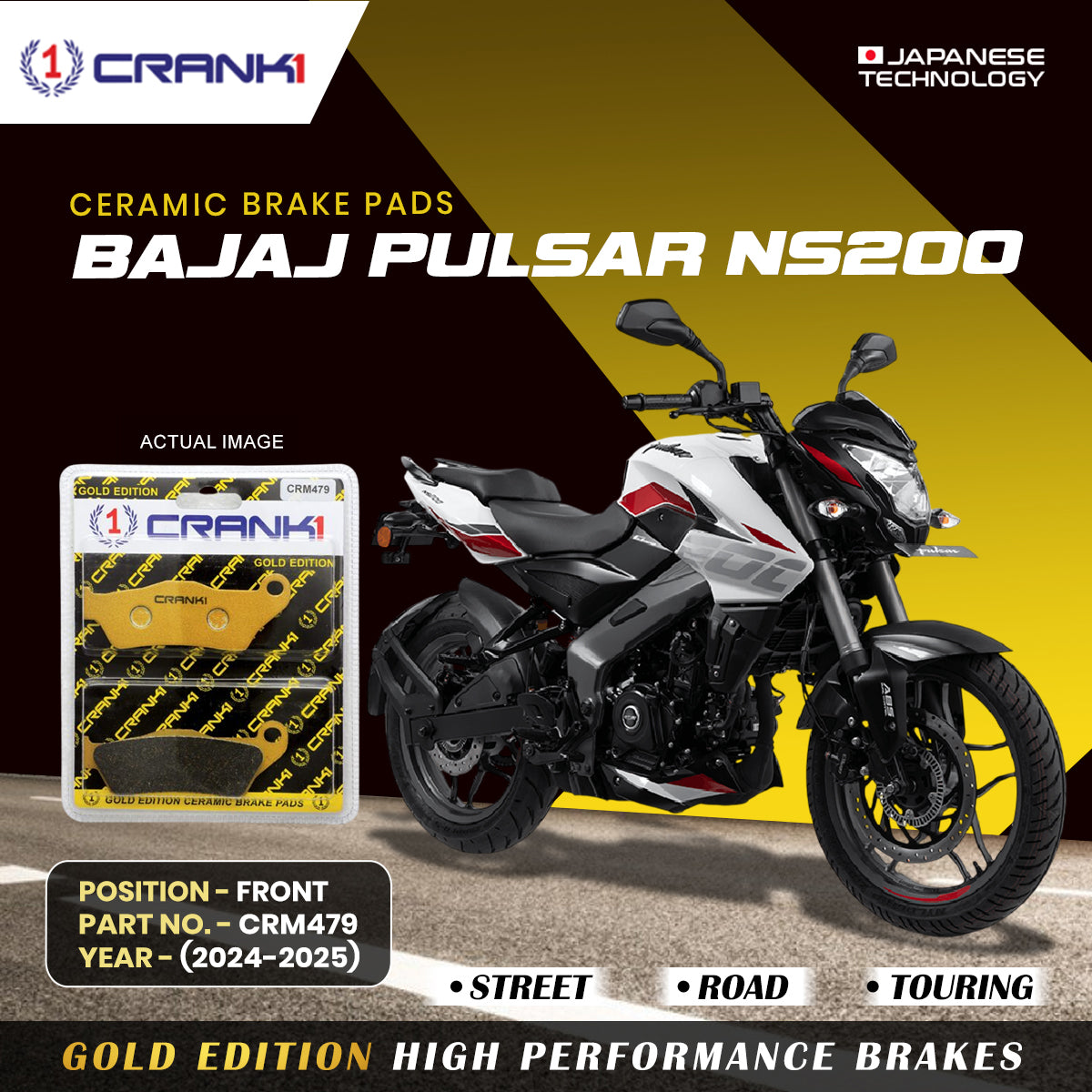Crank1 Ceramic Brake Pads For Bajaj  Pulsar NS200 (2024-2025) - Front - CRM479 - 1 Set