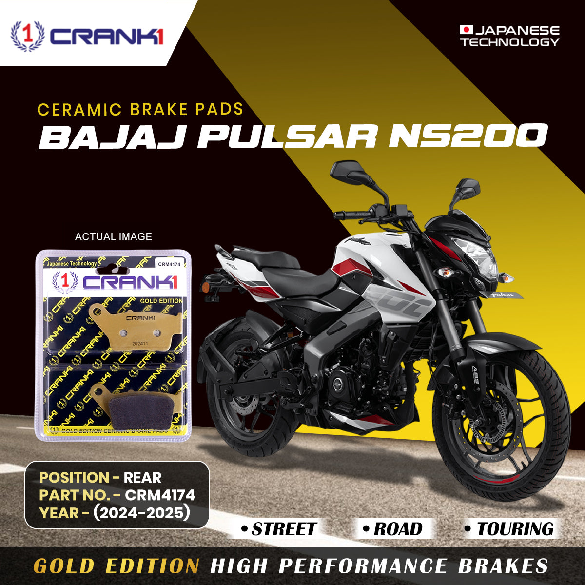 Crank1 Ceramic Brake Pads For Bajaj Pulsar NS200 (2024-2025) - Rear - CRM4174 - 1 Set