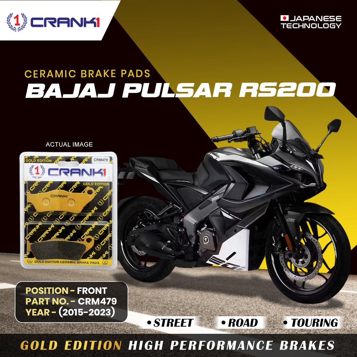 Crank1 Ceramic Brake Pads For Bajaj Pulsar RS200 (2015-2023) - Front - CRM479 - 1 Set