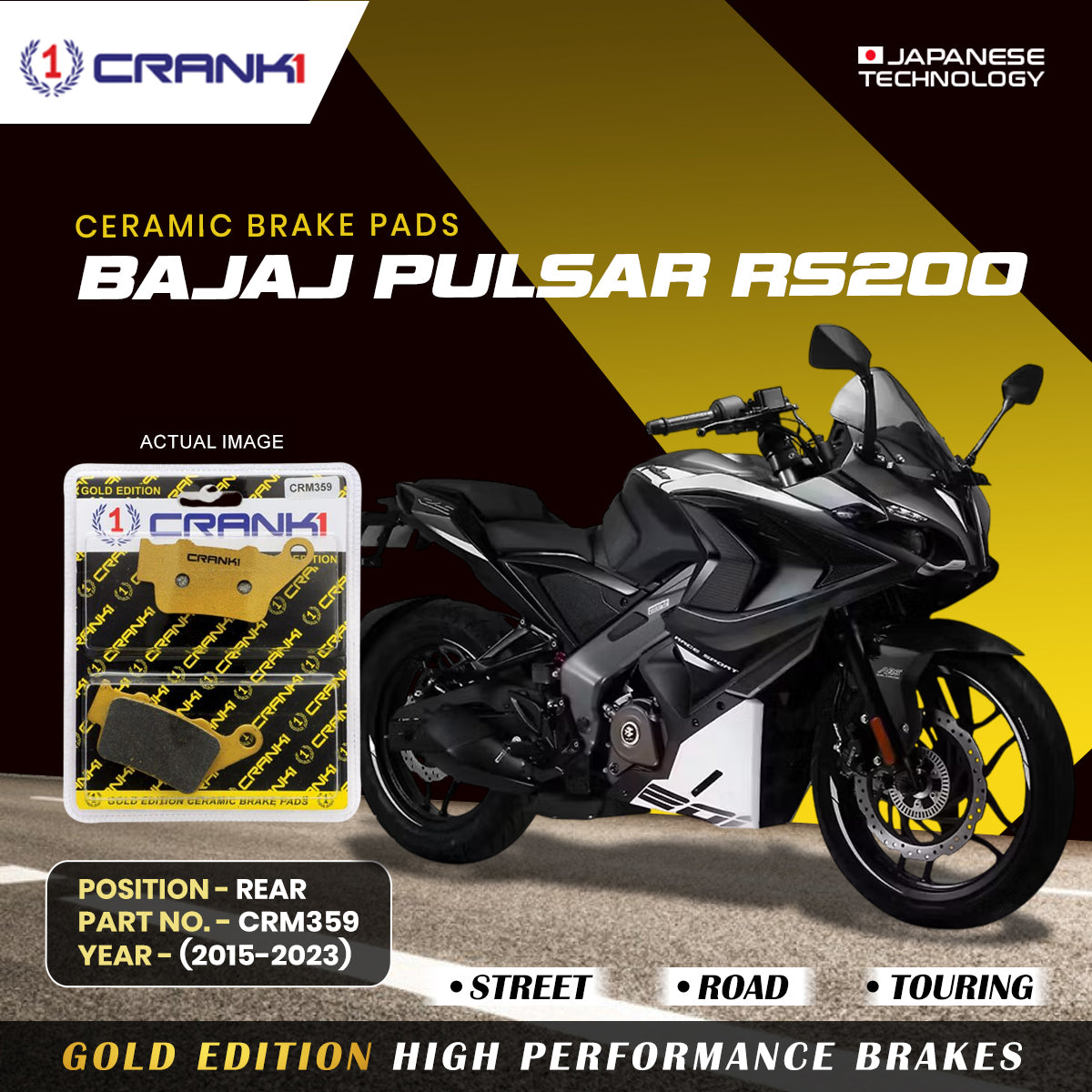 Crank1 Ceramic Brake Pads For Bajaj Pulsar RS200 (2015-2023) - Rear - CRM359 - 1 Set