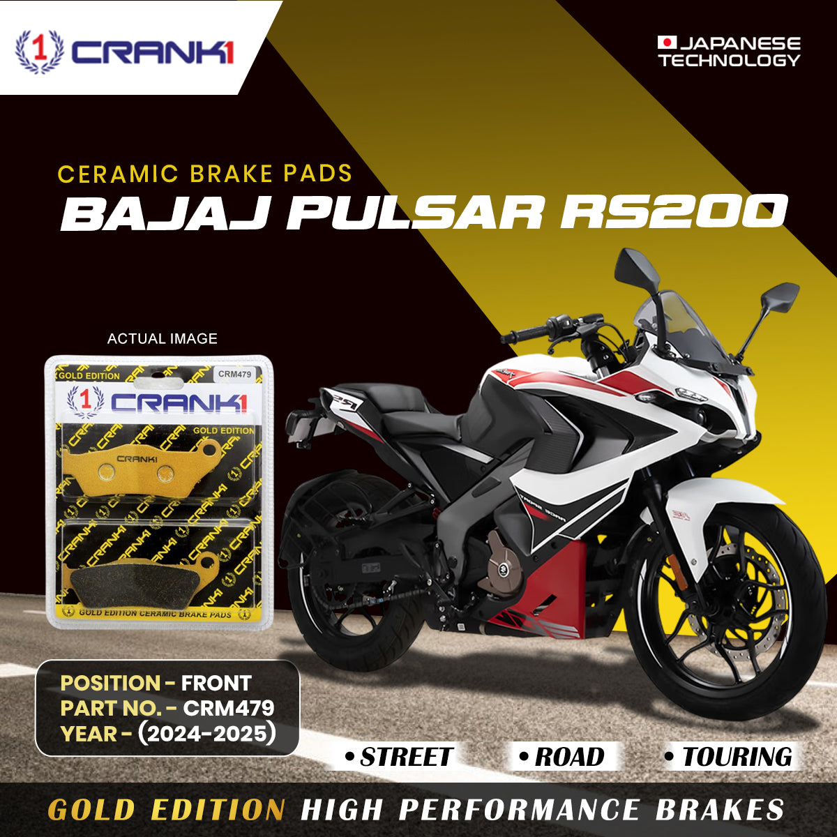 Crank1 Ceramic Brake Pads For Bajaj Pulsar RS200 (2024-2025) - Front - CRM479 - 1 Set