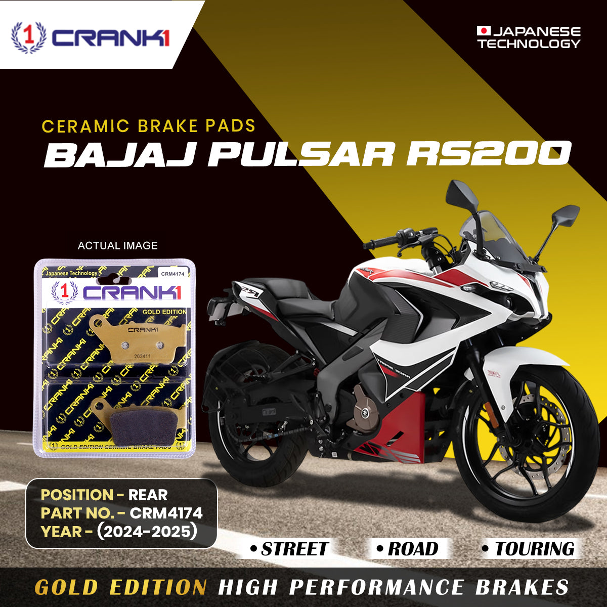 Crank1 Ceramic Brake Pads For Bajaj Pulsar RS200 (2024-2025) - Rear - CRM4174 - 1 Set