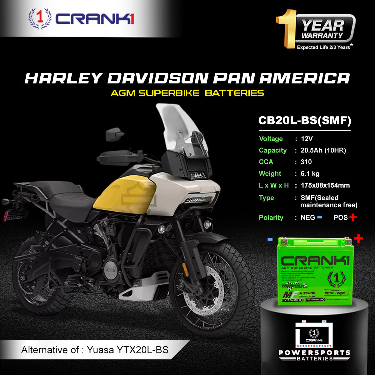Crank1 Battery For Harley Davidson Pan America (2020-2025) - CB20L-BS - Factory Activated