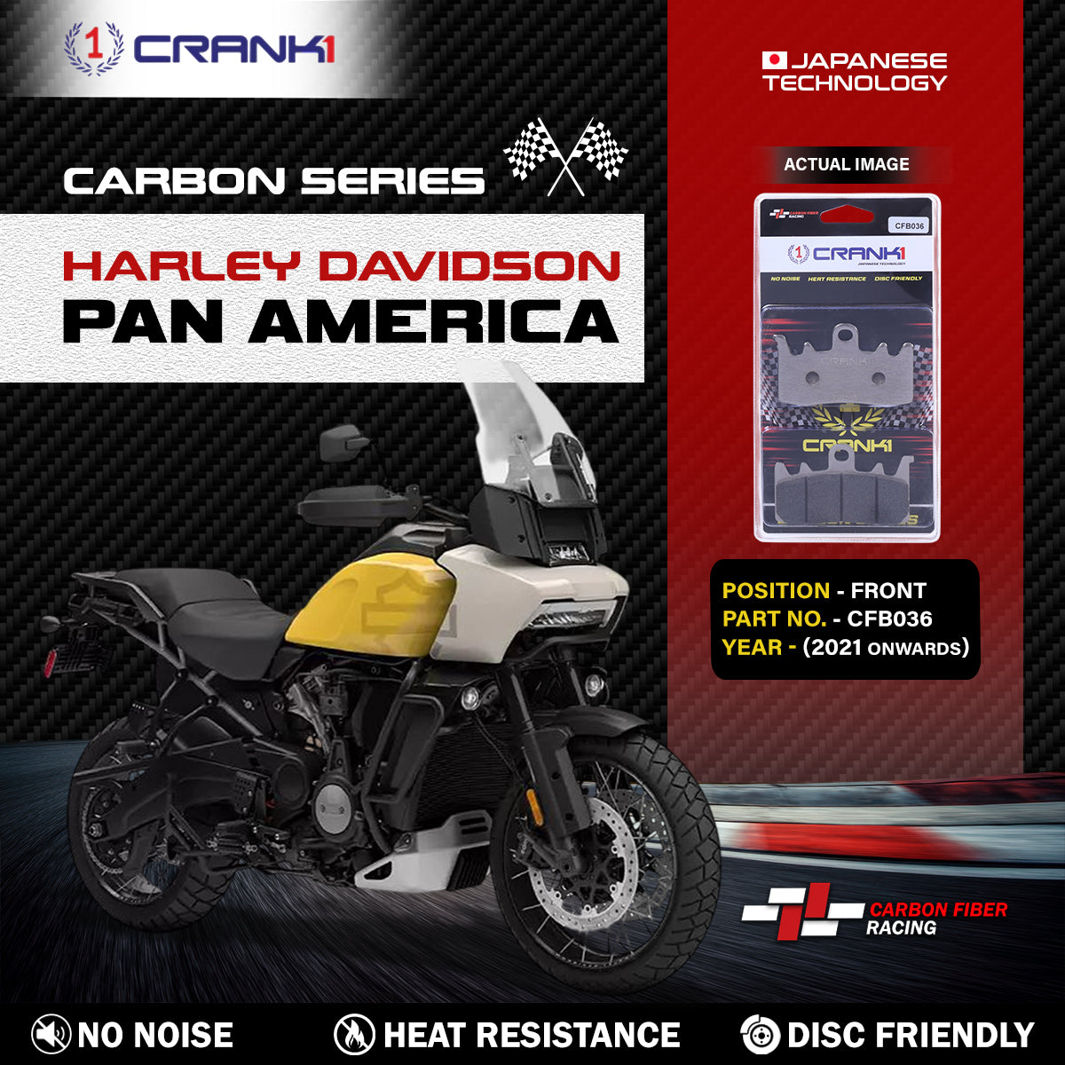 Crank1 Carbon Brake Pads For Harley Davidson Pan America (2021 Onwards) - Front - CFB036 - 2 Sets
