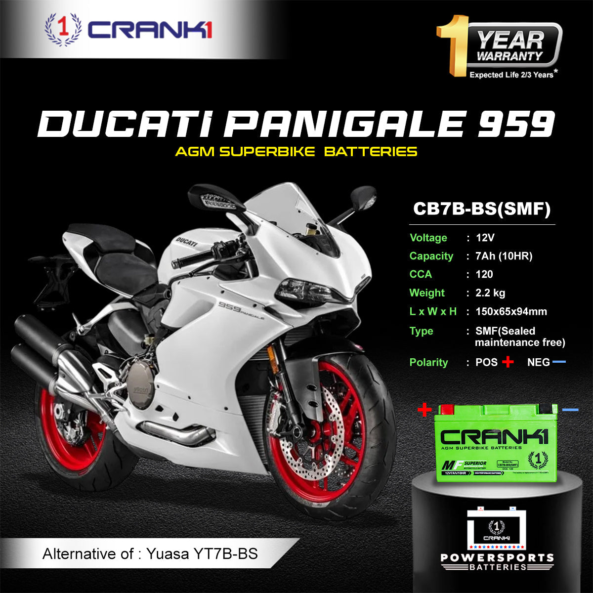 Crank1 Battery For Ducati Panigale 959 (2016-2025) - CB7B-BS - Factory Activated