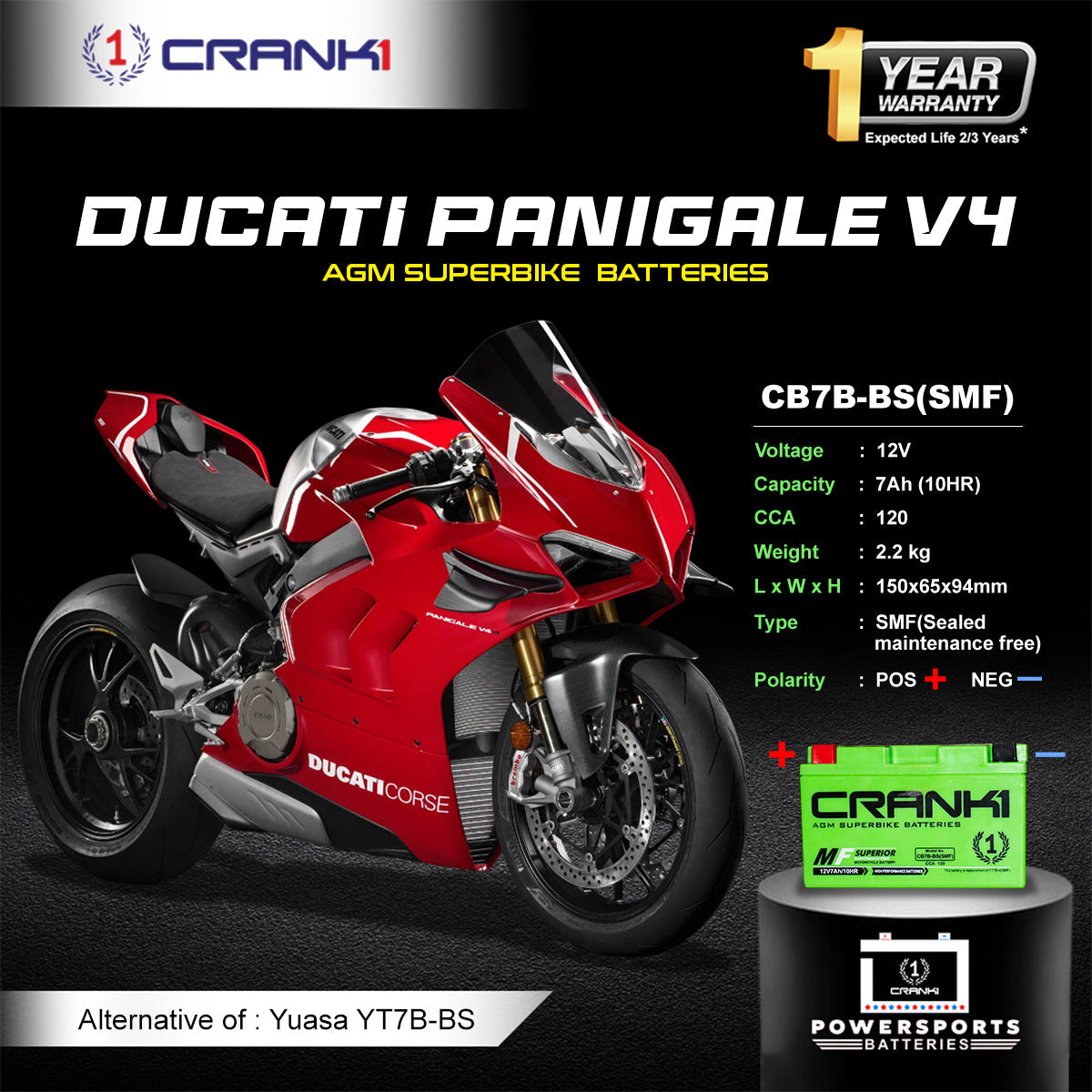 Crank1 Battery For Ducati Panigale V4 (2018-2025) - CB7B-BS - Factory Activated