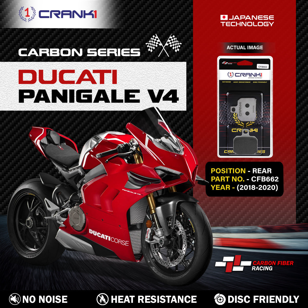 Crank1 Carbon Brake Pads For Ducati Panigale V4 (2018-2020) - Rear - CFB662