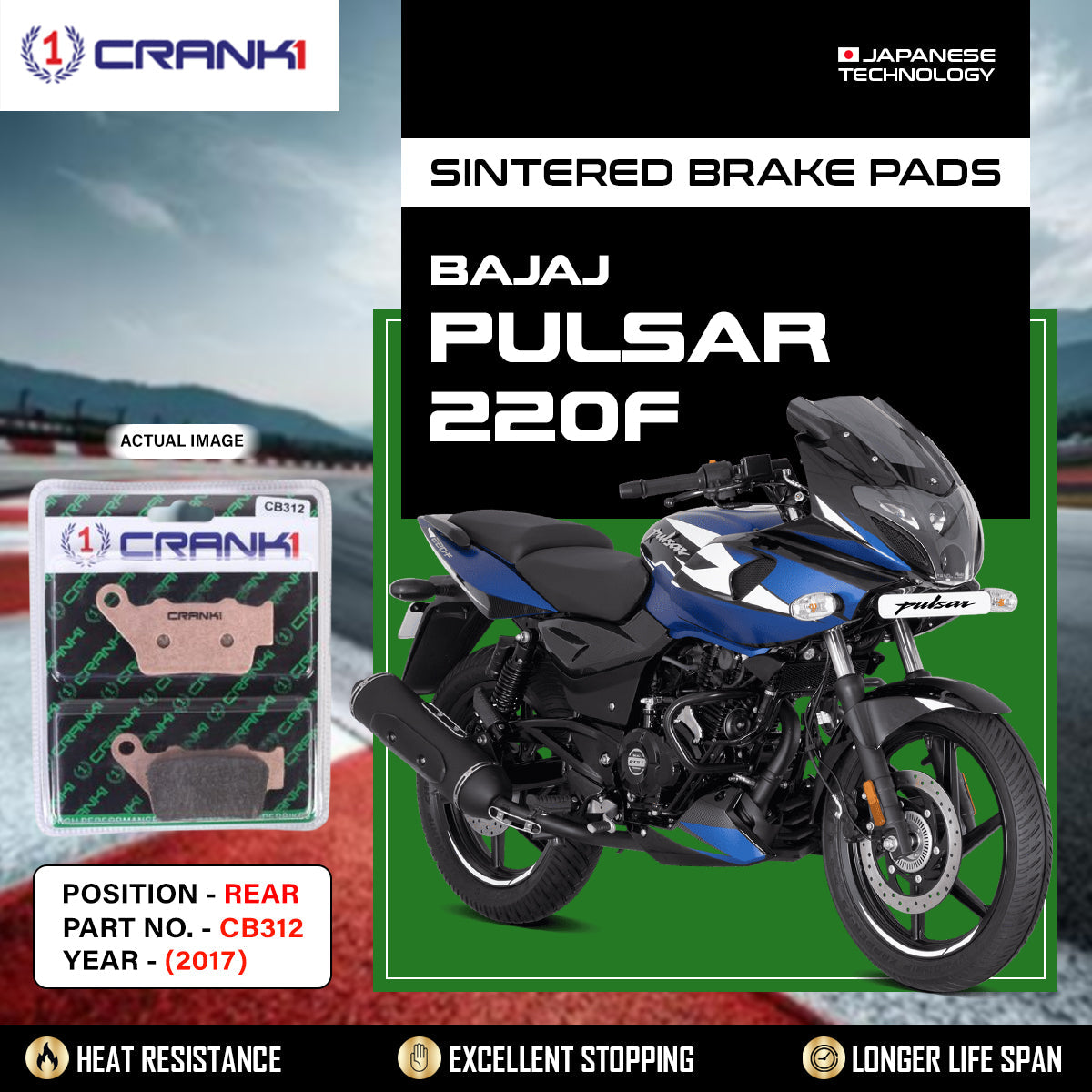 Crank1 Sintered Brake Pads For Bajaj Pulsar 220F (2017) - Rear - CB312
