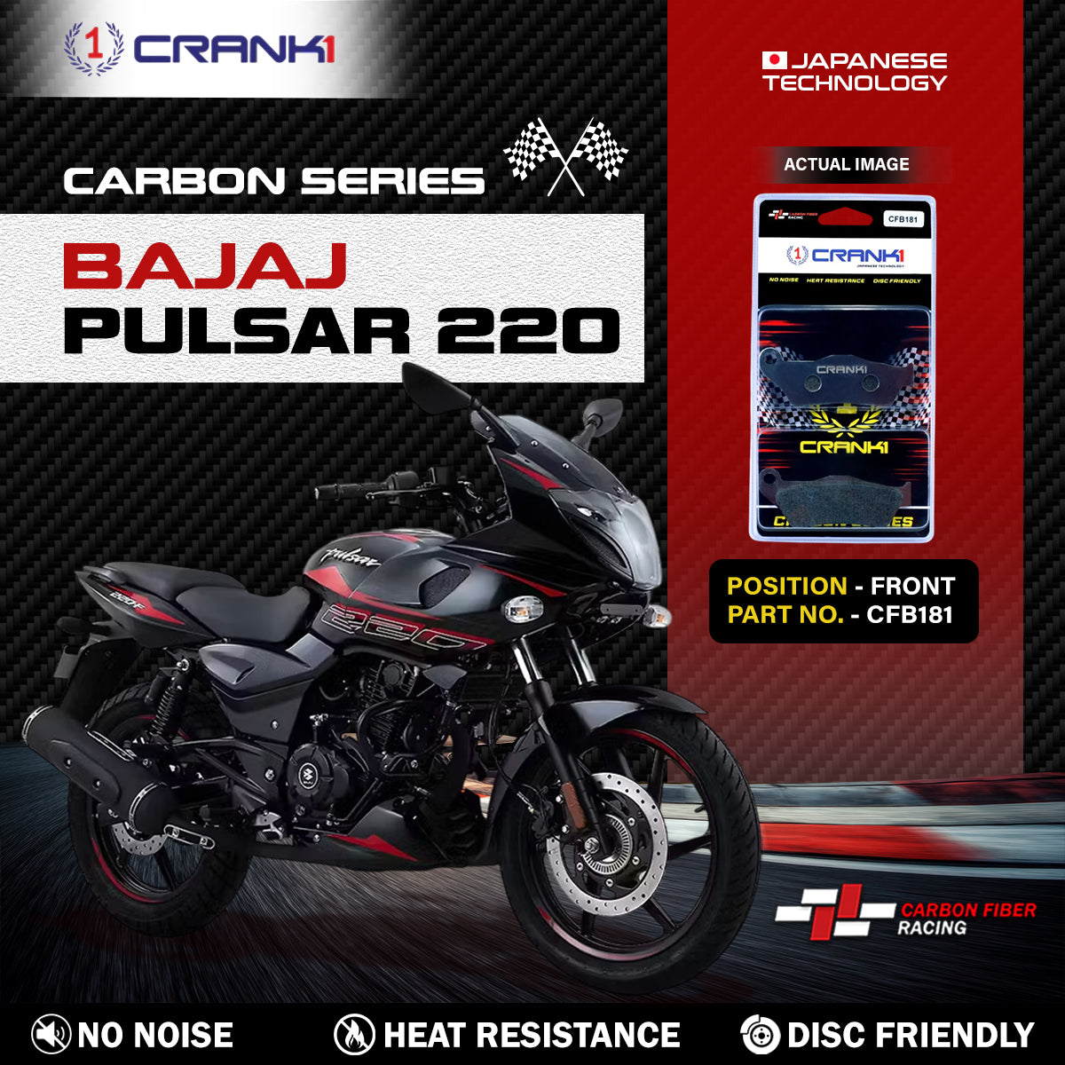 Crank1 Carbon Brake Pads For Bajaj Pulsar 220 - Front - CFB181