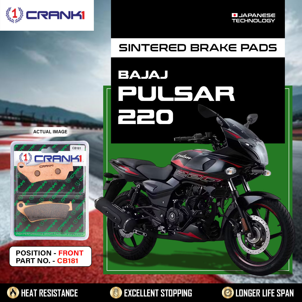 Crank1 Sintered Brake Pads For Bajaj Pulsar 220 - Front - CB181