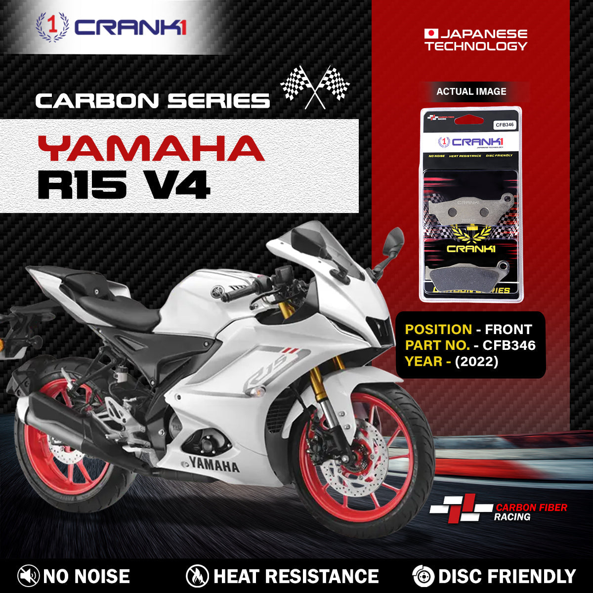 Crank1 Carbon Brake Pads For Yamaha R15 V4 (2022) - Front - CFB346