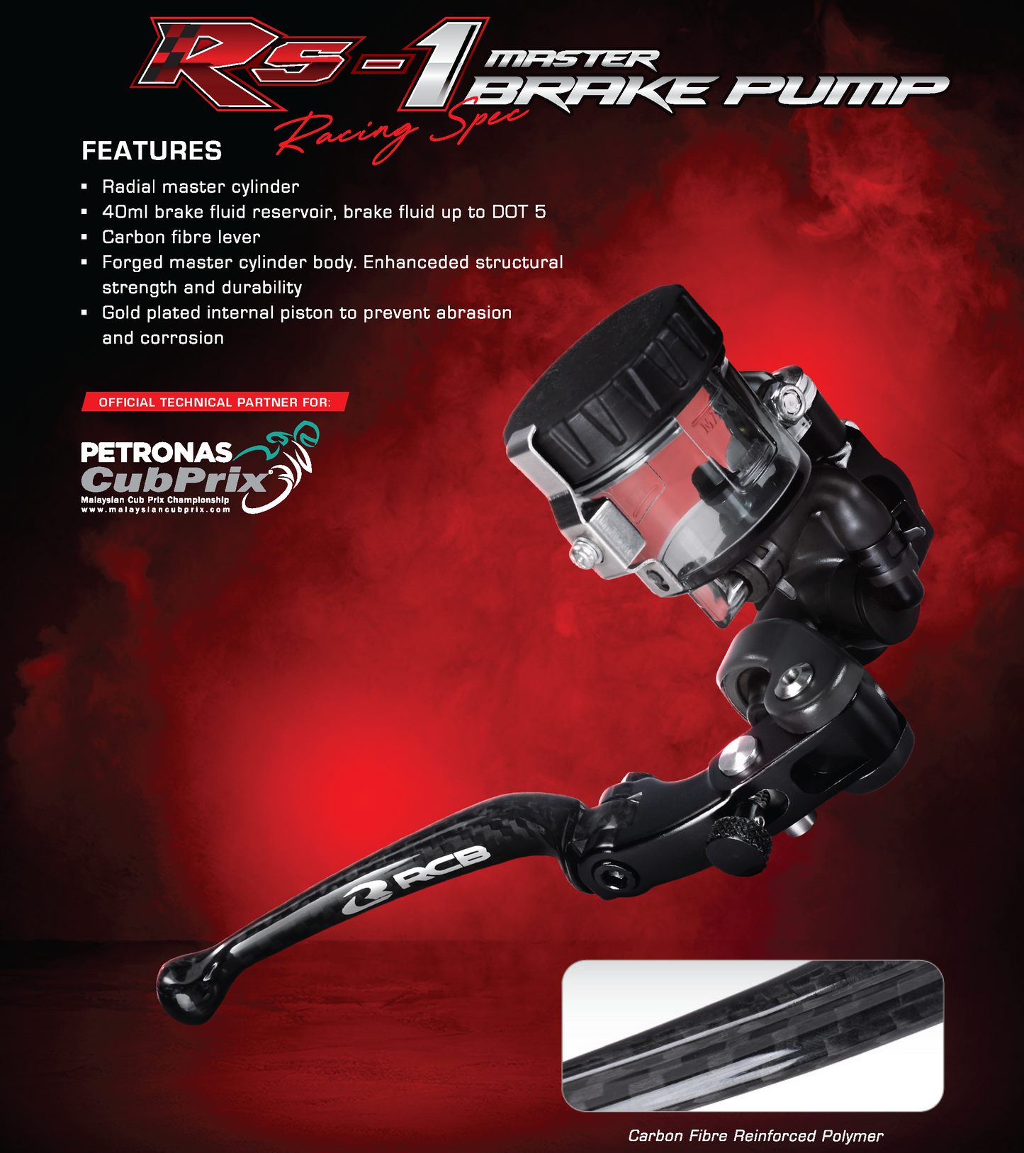 RCB RS-1 Forged Brake Master Pump Carbon Lever 17mm RHS - 01BP029T