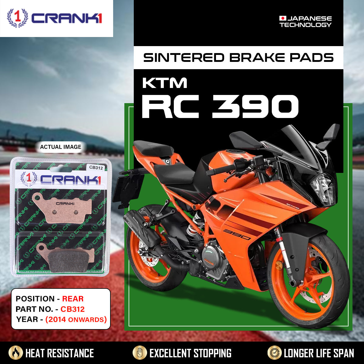 Crank1 Sintered Brake Pads For KTM RC 390 (2014 Onwards) - Rear - CB312
